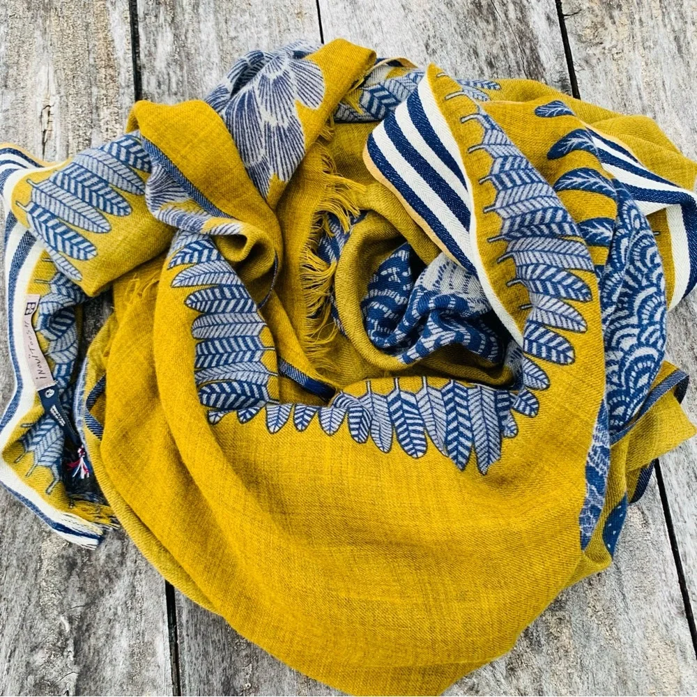 Inouïtoosh Wool Mustard Owl Cat Fringed Blanket Scarf Dupatta